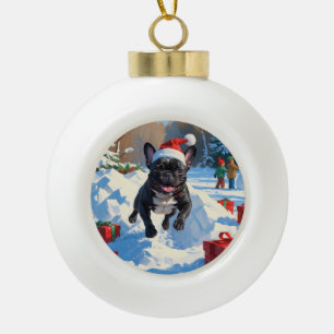 Schwarzer Französischer Bulldogge Weihnachten Fest Keramik Kugel-Ornament