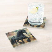 Schwarzer Fresischer Pferdeweiden Rustikaler Zaun Glasuntersetzer (Schrägansicht)