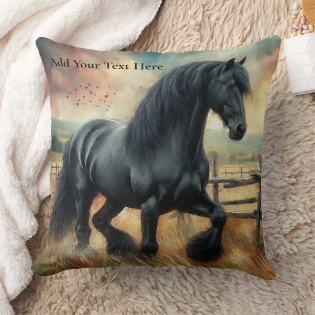 Schwarzer Fresischer Pferdeweiden Rustikaler Zaun Kissen (Decke)