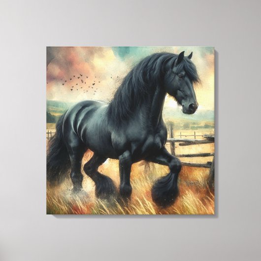 Schwarzer Fresischer Pferdeweiden Rustikaler Zaun Leinwanddruck (Vorderseite)