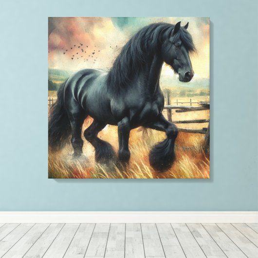 Schwarzer Fresischer Pferdeweiden Rustikaler Zaun Leinwanddruck (Insitu (Holzboden))