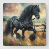 Schwarzer Fresischer Pferdeweiden Rustikaler Zaun Quadratische Wanduhr (Vorderseite)