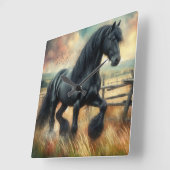 Schwarzer Fresischer Pferdeweiden Rustikaler Zaun Quadratische Wanduhr (Winkel)