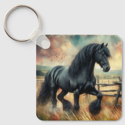 Schwarzer Fresischer Pferdeweiden Rustikaler Zaun Schlüsselanhänger (Vorderseite)