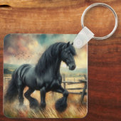 Schwarzer Fresischer Pferdeweiden Rustikaler Zaun Schlüsselanhänger (Rückseite)
