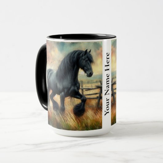 Schwarzer Fresischer Pferdeweiden Rustikaler Zaun Tasse (Vorderseite Links)