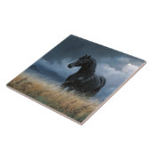 Schwarzer Friesenhengst dramatische Landschaft Fliese (Seite)