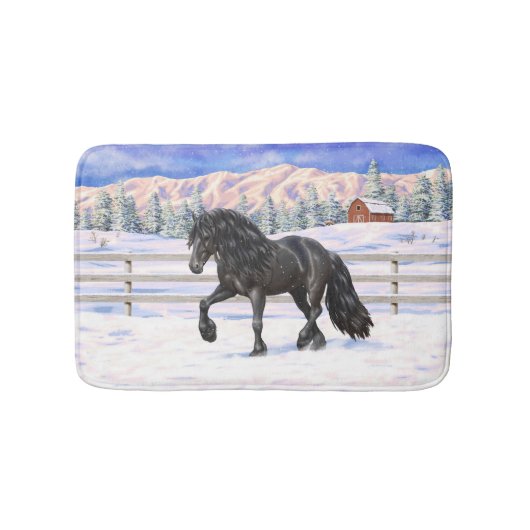 Schwarzer Friesian Draft Horse Trott in Snow Badematte (Vorderseite)