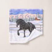 Schwarzer Friesian Draft Horse Trott in Snow Badhandtuch Set (Waschlappen)