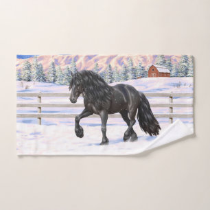 Schwarzer Friesian Draft Horse Trott in Snow Badhandtuch Set