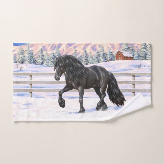 Schwarzer Friesian Draft Horse Trott in Snow Badhandtuch Set (Handtuch)
