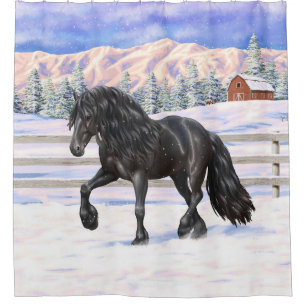Schwarzer Friesian Draft Horse Trott in Snow Duschvorhang