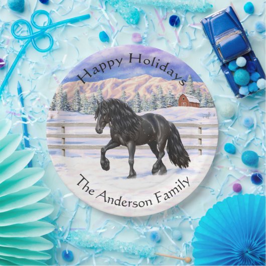Schwarzer Friesian Draft Horse Trott in Snow Pappteller (Party)