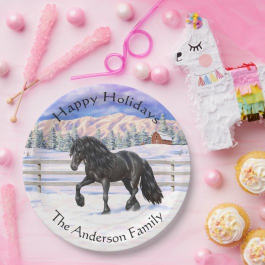 Schwarzer Friesian Draft Horse Trott in Snow Pappteller (Party)