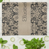 Schwarzer genähtes Pergament TANs Damast Geschirrtuch (Gefaltet)