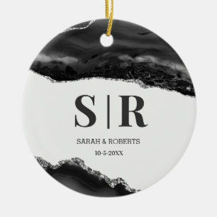 Schwarzer Geode-Achat-Paar-Monogramm-Weihnachten Keramik Ornament