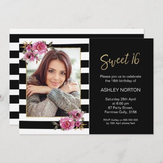 Schwarzer gestreifter Blumenbonbon 16 Einladung (Vorne/Hinten)