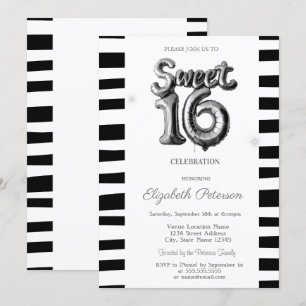 Schwarzer gestreifter silberner Ballon Sweet 16 Einladung