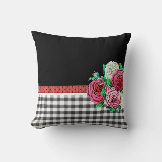 Schwarzer Gingham und Blumen Kissen (Vorderseite)
