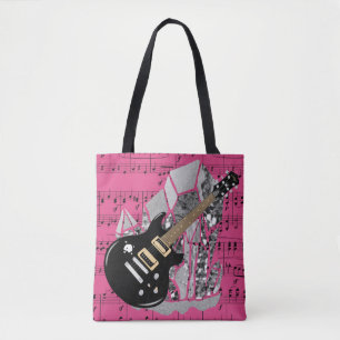 Schwarzer Gitarren-Rosa-Notenen-Silber-Kristall Tasche