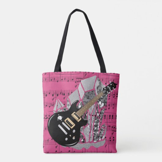 Schwarzer Gitarren-Rosa-Notenen-Silber-Kristall Tasche (Rückseite)