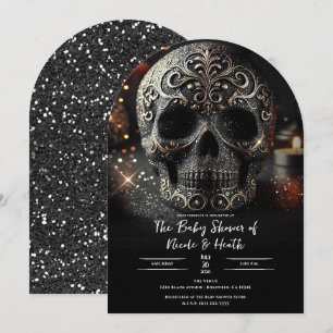 Schwarzer Glitter Glam Schimmer Totenkopf Babypart Einladung