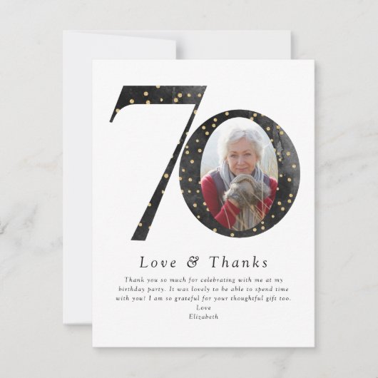 Schwarzer Glitzer 70. Geburtstag Foto Dankeskarte (Vorderseite)