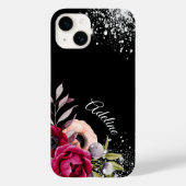 Schwarzer Glitzer Blume Bordeaux-Name Case-Mate iPhone Hülle (Rückseite)