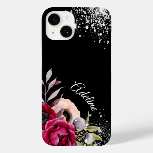 Schwarzer Glitzer Blume Bordeaux-Name Case-Mate iPhone Hülle (Rückseite)