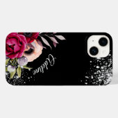 Schwarzer Glitzer Blume Bordeaux-Name Case-Mate iPhone Hülle (Rückseite (Horizontal))
