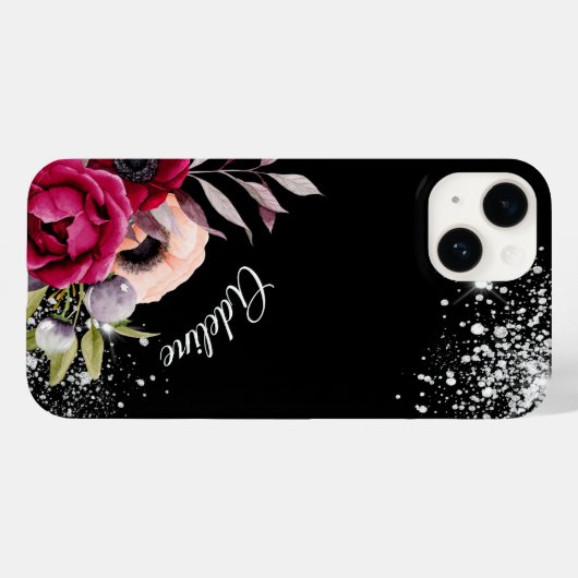 Schwarzer Glitzer Blume Bordeaux-Name Case-Mate iPhone Hülle (Rückseite (Horizontal))