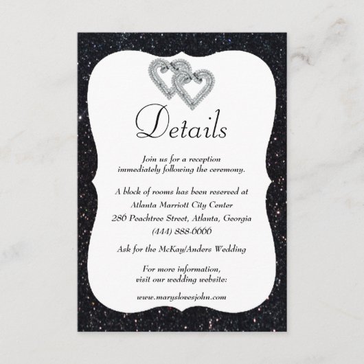 Schwarzer Glitzer Diamantherzen Hochzeitsdetails Begleitkarte (Vorderseite)