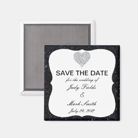Schwarzer Glitzer Diamond Heart speichern Datum Ma Magnet (Vorderseite/Rückseite)