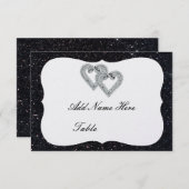 Schwarzer Glitzer Diamond Hearts Table Platzkarte (Vorne/Hinten)
