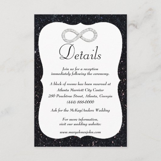 Schwarzer Glitzer Diamond Unendlichkeit Hochzeitsd Begleitkarte (Vorderseite)