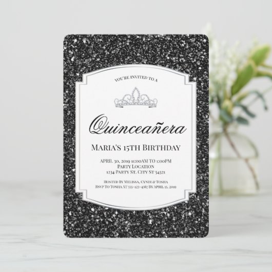 Schwarzer Glitzer - Einladungen (Stehend Vorderseite)