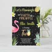Schwarzer Glitzer Flamingo Ananas Einladungen (Stehend Vorderseite)