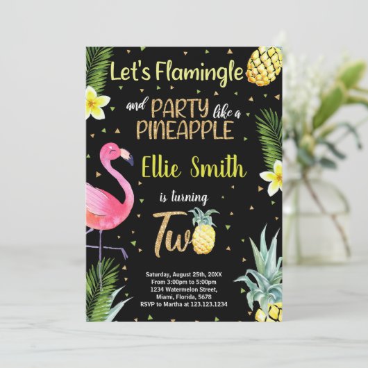 Schwarzer Glitzer Flamingo Ananas Einladungen (Stehend Vorderseite)