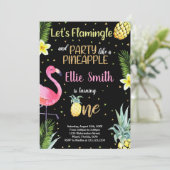 Schwarzer Glitzer Flamingo Ananas Einladungen (Stehend Vorderseite)