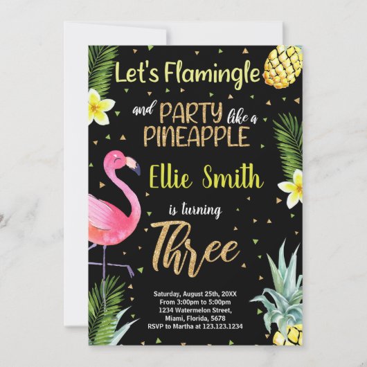 Schwarzer Glitzer Flamingo Ananas Einladungen (Vorderseite)
