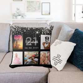 Schwarzer Glitzer Foto Collage Name Geburtstag Kissen