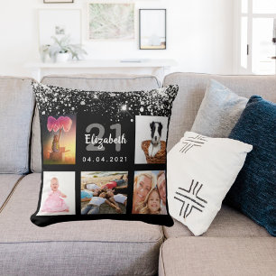 Schwarzer Glitzer Foto Collage Name Geburtstag Kissen