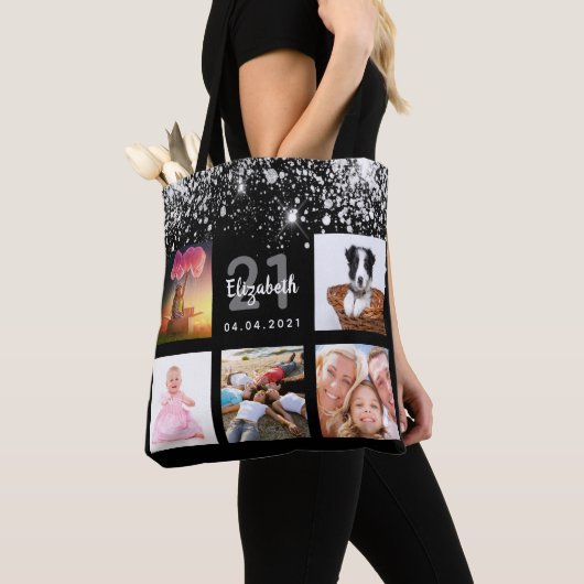 Schwarzer Glitzer Foto Collage Name Geburtstag Tasche (Von Nahem)