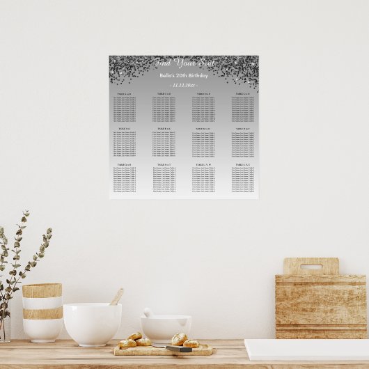 Schwarzer Glitzer Geburtstag Alphabetischer Sitzpl Poster (Küche)