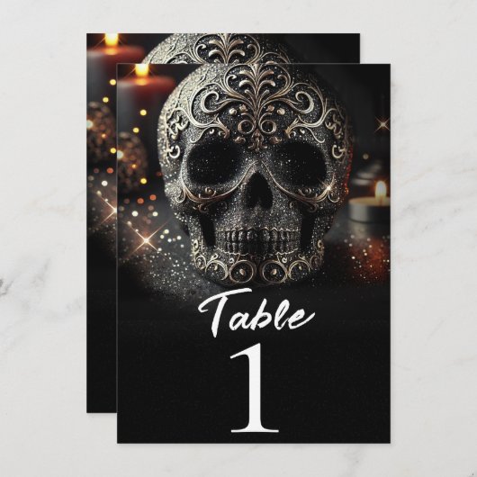 Schwarzer Glitzer Glam Sparkle Skull Tischnummer (Vorne/Hinten)
