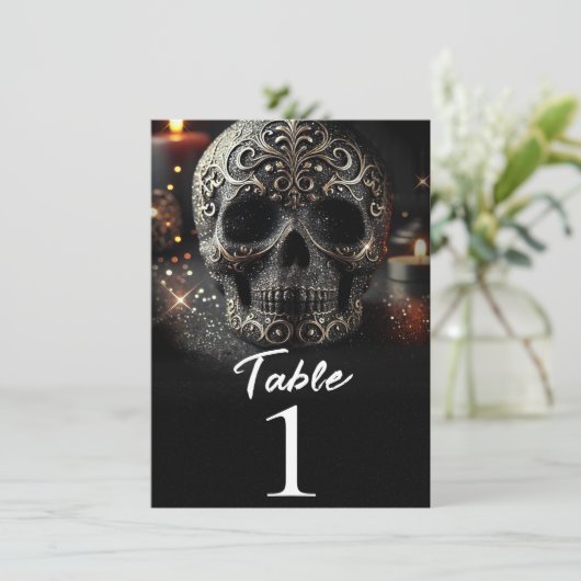 Schwarzer Glitzer Glam Sparkle Skull Tischnummer (Stehend Vorderseite)
