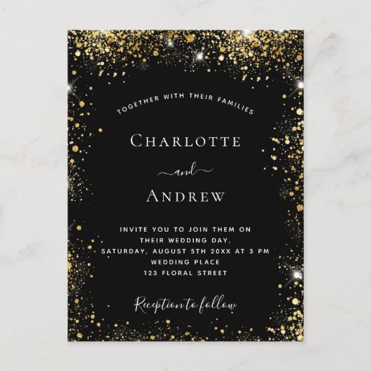 Schwarzer Glitzer glamouröse Hochzeit Einladungspostkarte (Vorderseite)