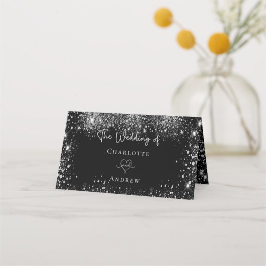 Schwarzer Glitzer Glitzern Hochzeit Platzkarte (Rückseite)