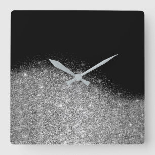 Schwarzer Glitzer Grau Silber Minimal Metallische  Quadratische Wanduhr