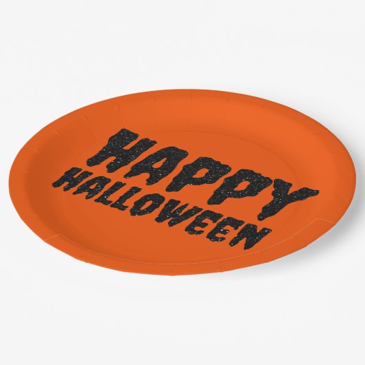 Schwarzer Glitzer Happy Halloween Papierplatte Pappteller (Schrägansicht)